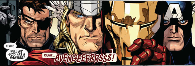 the skrull queen talks to the heroes