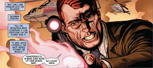 osborn holding the gun that shot the skrull queen