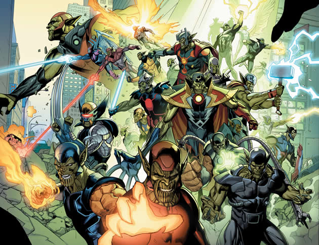 a force of super-powered skrulls land in new york