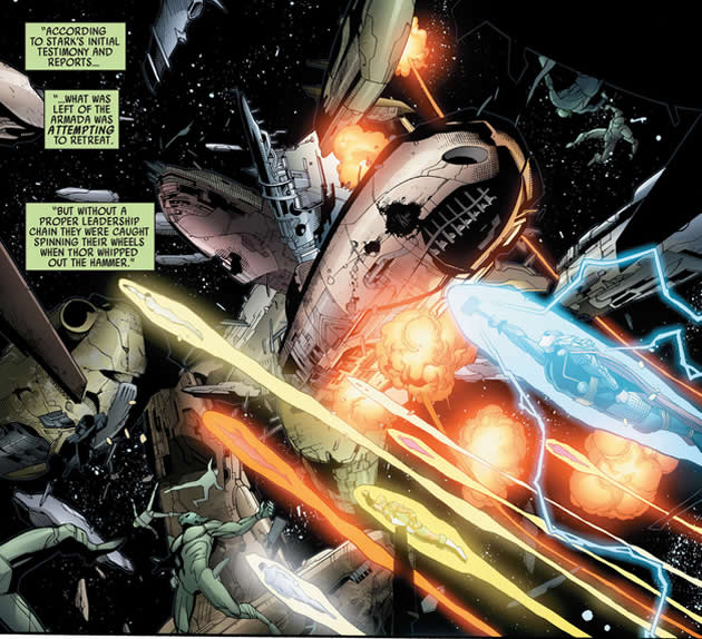 the hroes of earth attack the skrull armada in space