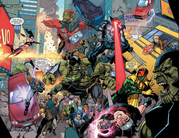 the young avengers and the runaways confront the skrull invasion force in new york