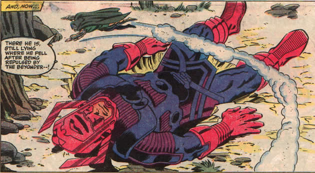doctor doom hovers over an unconscious galactus