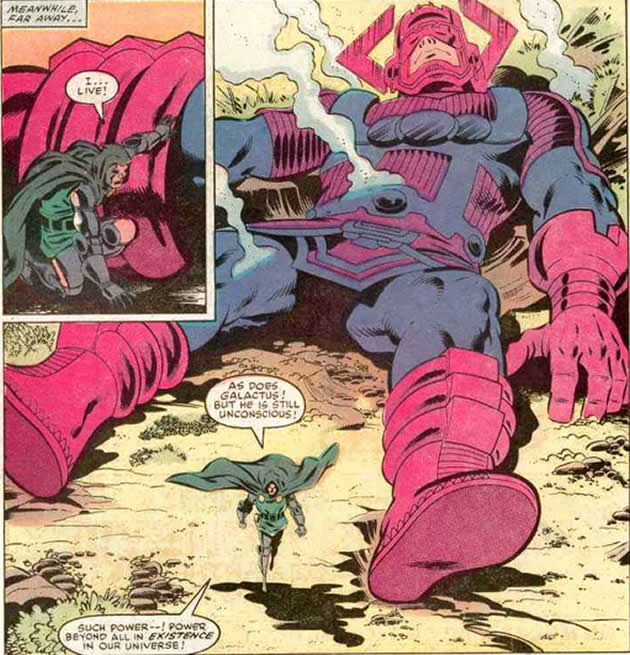 dr. doom and galactus thrown back to battleworld by the beyonder