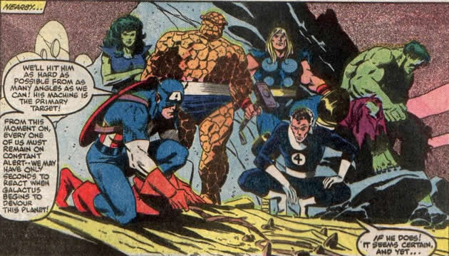 captain america and reed richards make plans while she-hulk, thing, thor and
	hulk look on