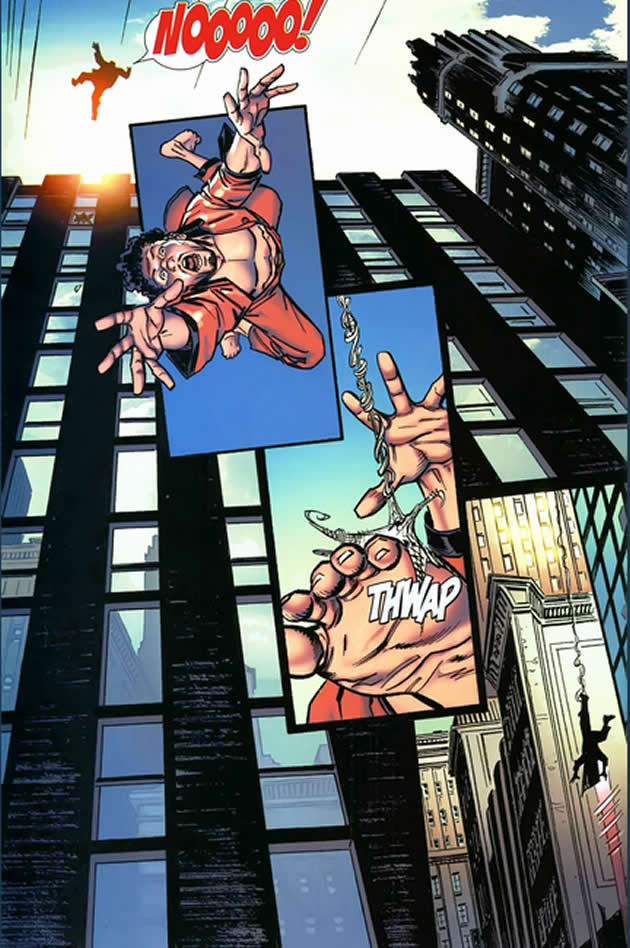 spider-man throws a criminal outside the window and catches him with a web