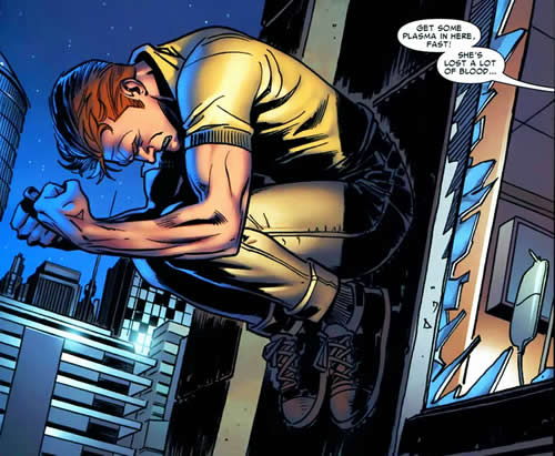 peter parker clinging to the wall of a hospital building worried for aunt may