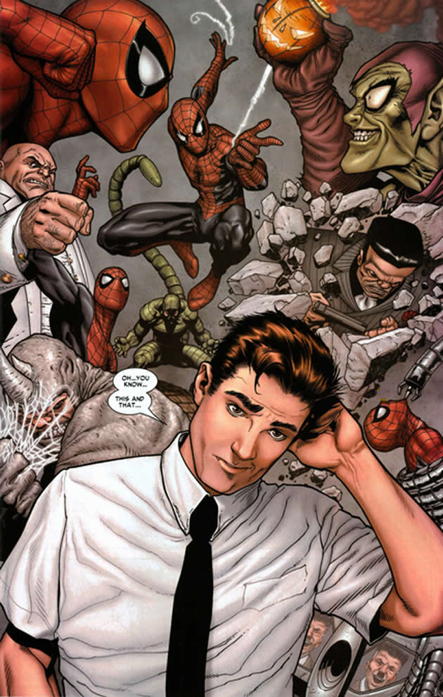 peter surrounded by spider-man's rogues gallery