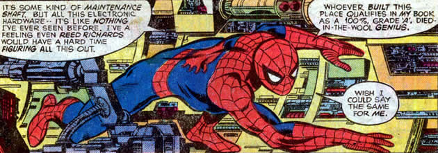 spider-man crawls through the electronics of murderworld
