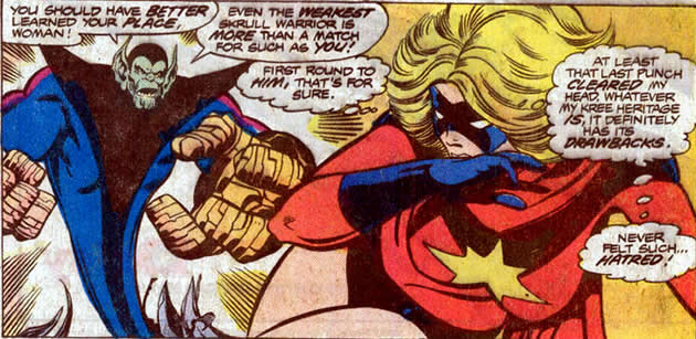 ms. marvel on the floor with the super skrull behind her