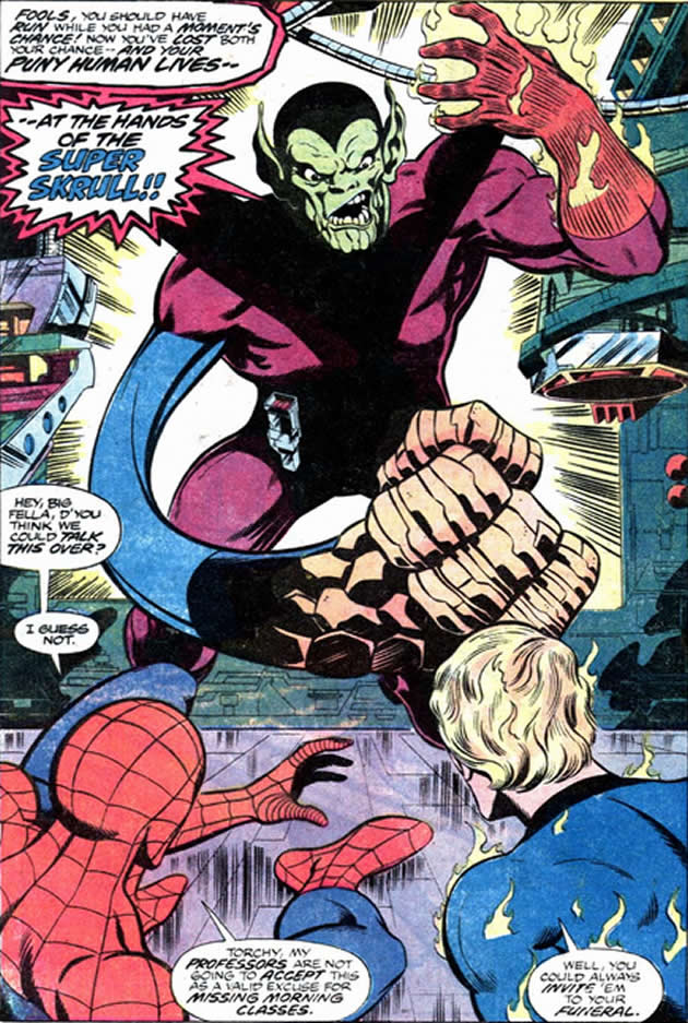 the super skrull confronts spider-man and the human torch