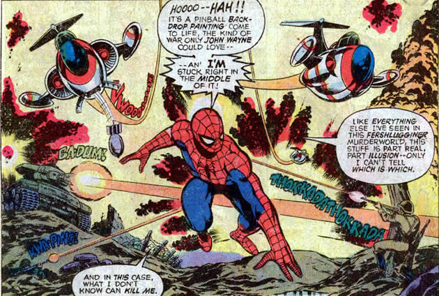 spider-man being pursued by arcade's toy plane