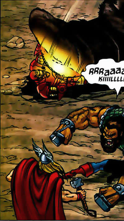 thor wrestles with fenris while hyrm steps on icron man