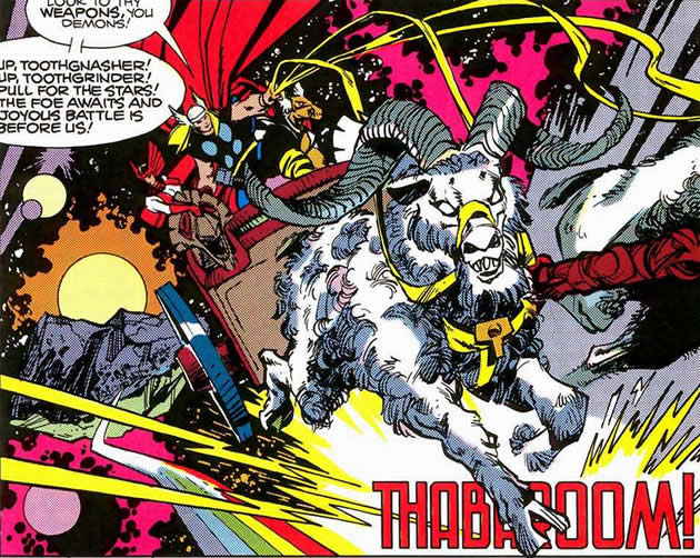 thor, beta ray bill, and sif on a chariot drawn by toothgnasher and toothgrinder