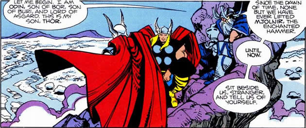 odin, thor and beta ray bill in the heights of asgard