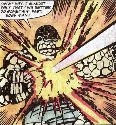Fantastic Four panel : the thing gets hit by a doom bot blast but is unaffected