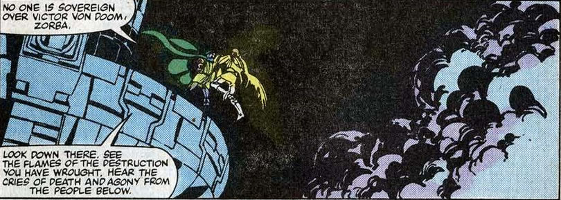 Fantastic Four panel : dr. doom about to throw zorba from the parapet