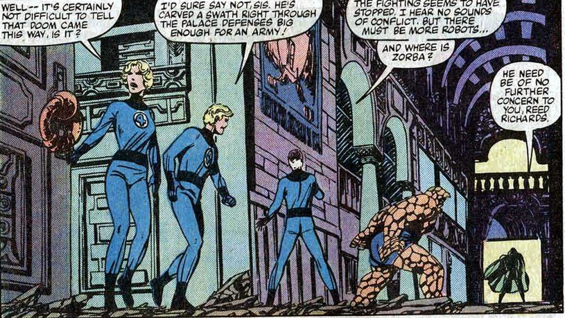 Fantastic Four panel : the fantastic four goes through a hall of doom's castle