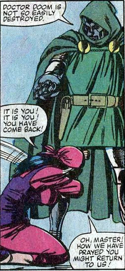 Fantastic Four panel : a villager hugs dr. doom