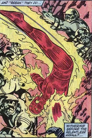 Fantastic Four panel : the human torch blasts some doom bots