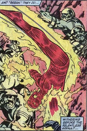 the human torch blasts some doom bots