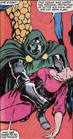 Fantastic Four panel : dr. doom holds a dead villager and warns those who harmed her