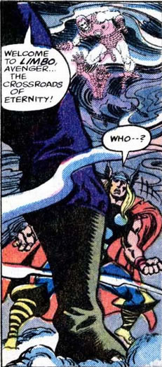 thor in limbo with images of the avengers in the background