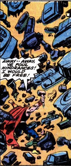 thor breaks loose from being buried under debris attracted by a graviton bomb