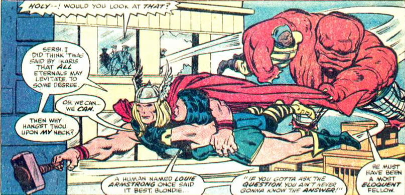 thor flying, carrying sersi and dragging karkas and a deviant with his cape
