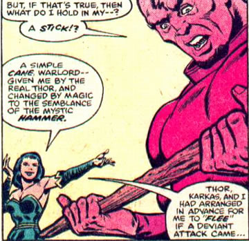 Thor : surprised kro holds donald blake's walking stick