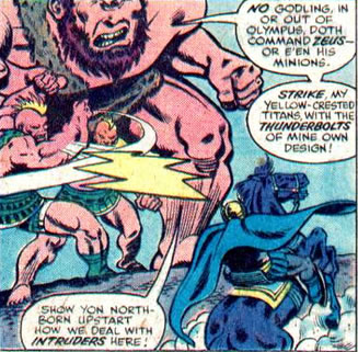 Thor : a giant and two titans throwing thunderbolts at odin