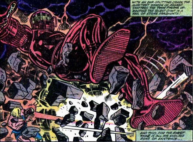 Thor : arishem topples as thor destroys the pylons he is standing on