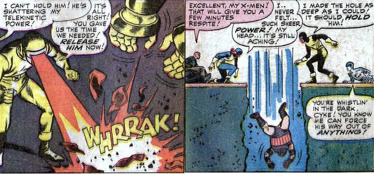 x-men : cyclops creates a hole for the juggernaut to fall through