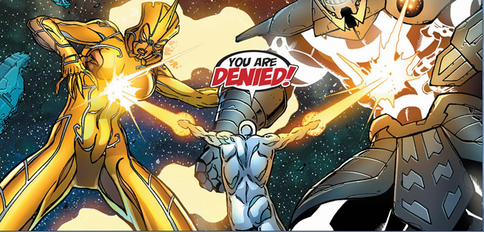 Silver Surfer attacks Aegis and Tenebrous