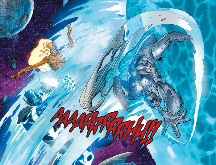 The Silver Surfer destroys Aegis and Tenebrous