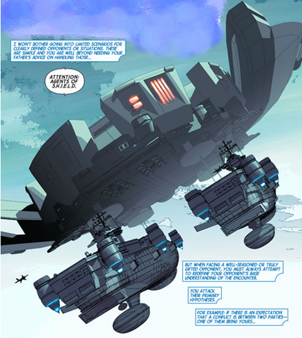 An A.I.M. ship looms large over two S.H.I.E.L.D.
	Helicarriers