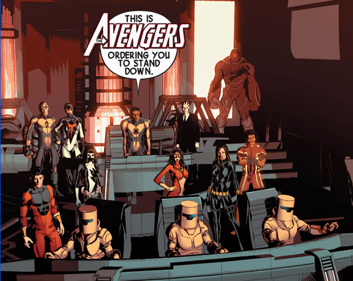The New Avengers on the bridge of the A.I.M.
	ship