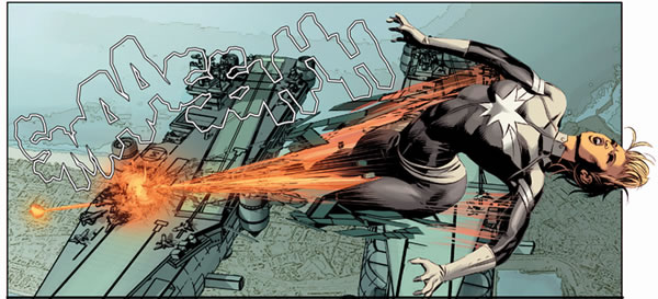 Ms. Marvel hits the S.H.I.E.L.D. Helicarrier
	on her way out the the atmosphere after being hit by the Hulk