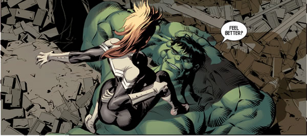 Hulk smiling up at Captain Marvel