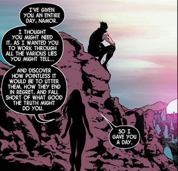 Black Swan talking to Namor at a quiet moment