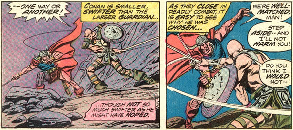 Conan fighting the guard of the Oracle
	of Ophir