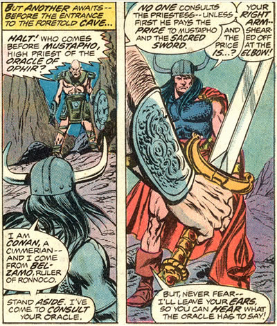 Conan confronts the guard of the Oracle
	of Ophir