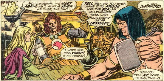 Murillo, Conan and Tara drinking in a
	Nemedian tavern