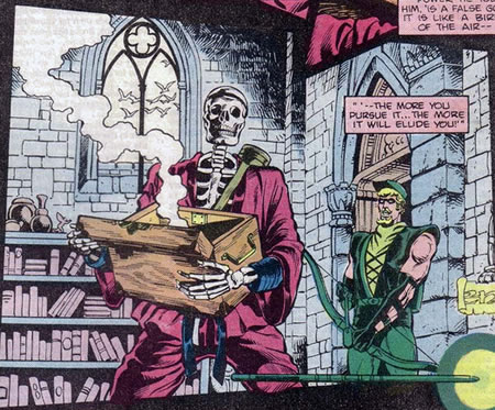 Green Arrow watches a foe turn to a skeleton