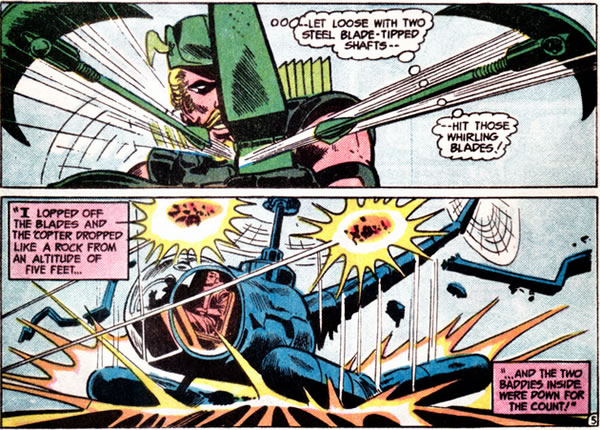 Green Arrow disables a chopper with two arrow shots