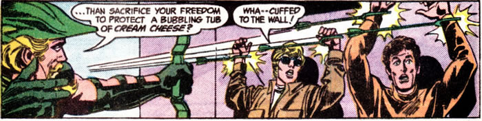Green Arrow uses manacle arrows on some perps
