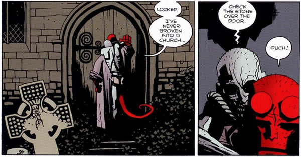 Hellboy carrying a talking corpse