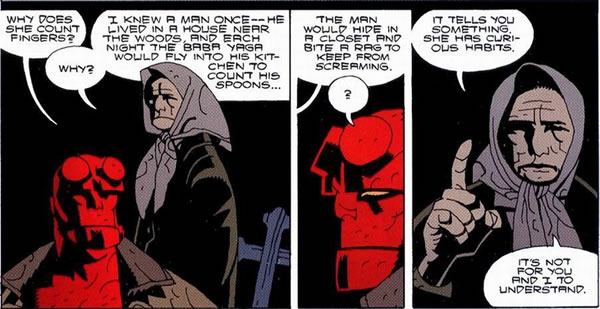 Hellboy and an old woman talking about Baba Yaga