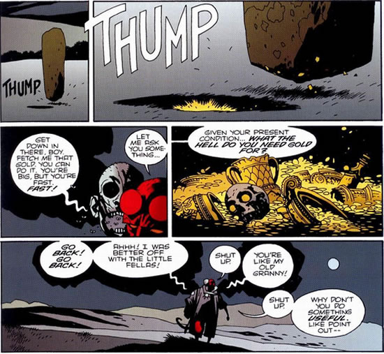 Hellboy and a corpse argue about the merits of gold when you're dead