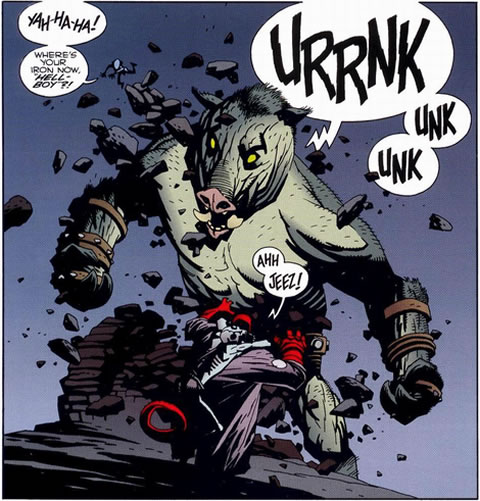 Hellboy is confronted by the monster Grom