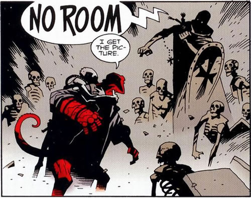 Hellboy and a corpse are informed by the occupants that the church cemetery is full